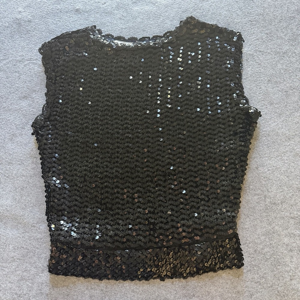 Vintage 70s/80s Creations III Black Sequin Tank Top Disco Crop Shell Blouse NY S